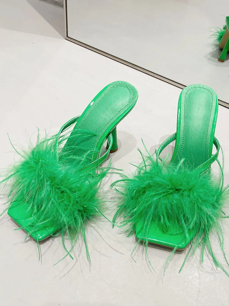 Amozae-Feather Fur High Heel Mules