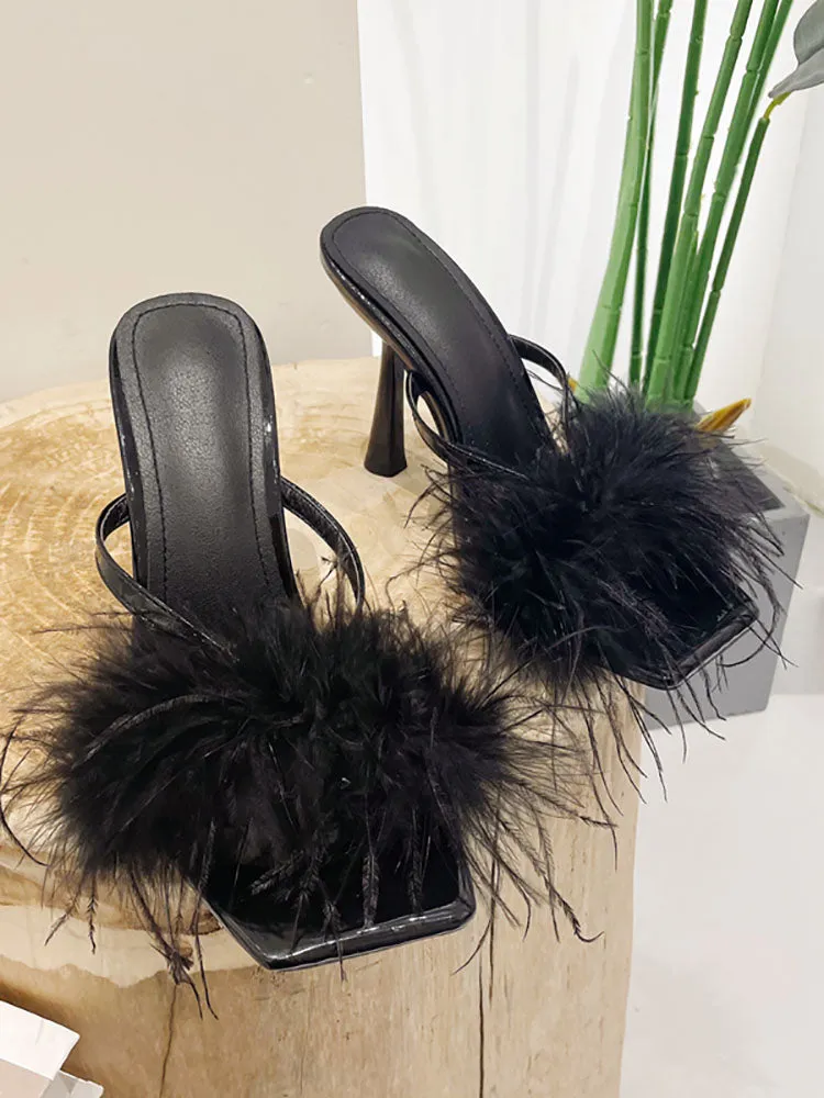 Amozae-Feather Fur High Heel Mules