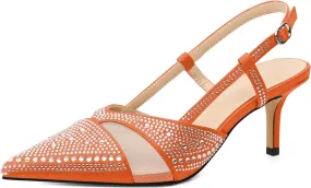 AUMOTED Women Low Heel Pumps Slingback Heels Elegant Pointed Toe 2.5 Inch Heels with Rhinestone Dressy Pumps
