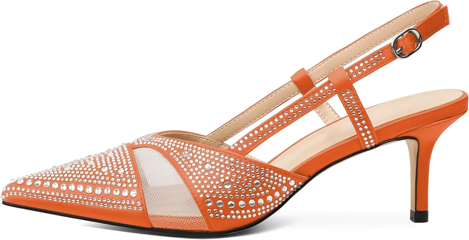 AUMOTED Women Low Heel Pumps Slingback Heels Elegant Pointed Toe 2.5 Inch Heels with Rhinestone Dressy Pumps