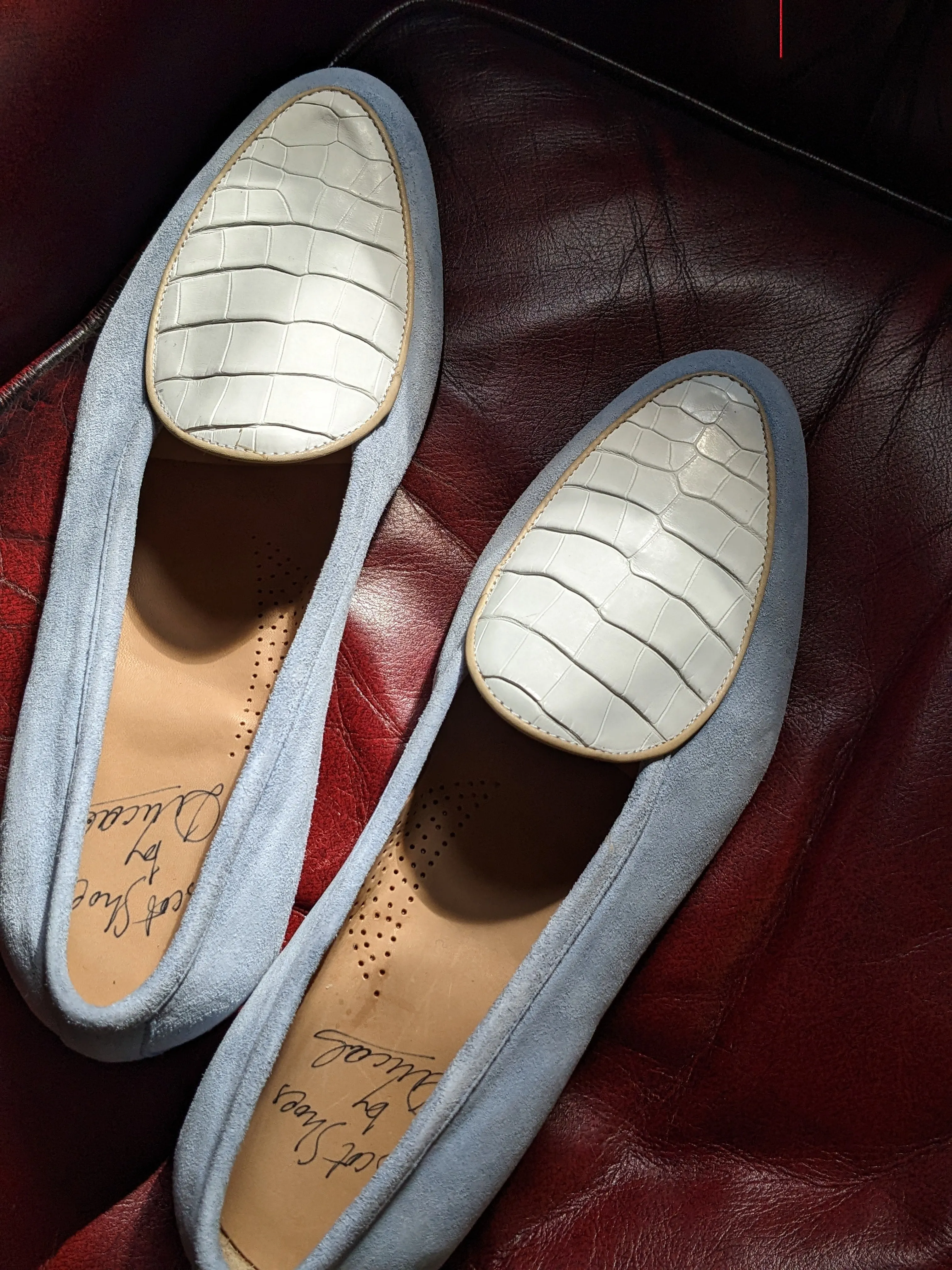 Belgian Loafer - Light Blue Suede & White Crocodile