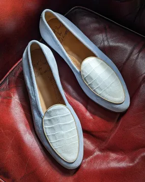 Belgian Loafer - Light Blue Suede & White Crocodile