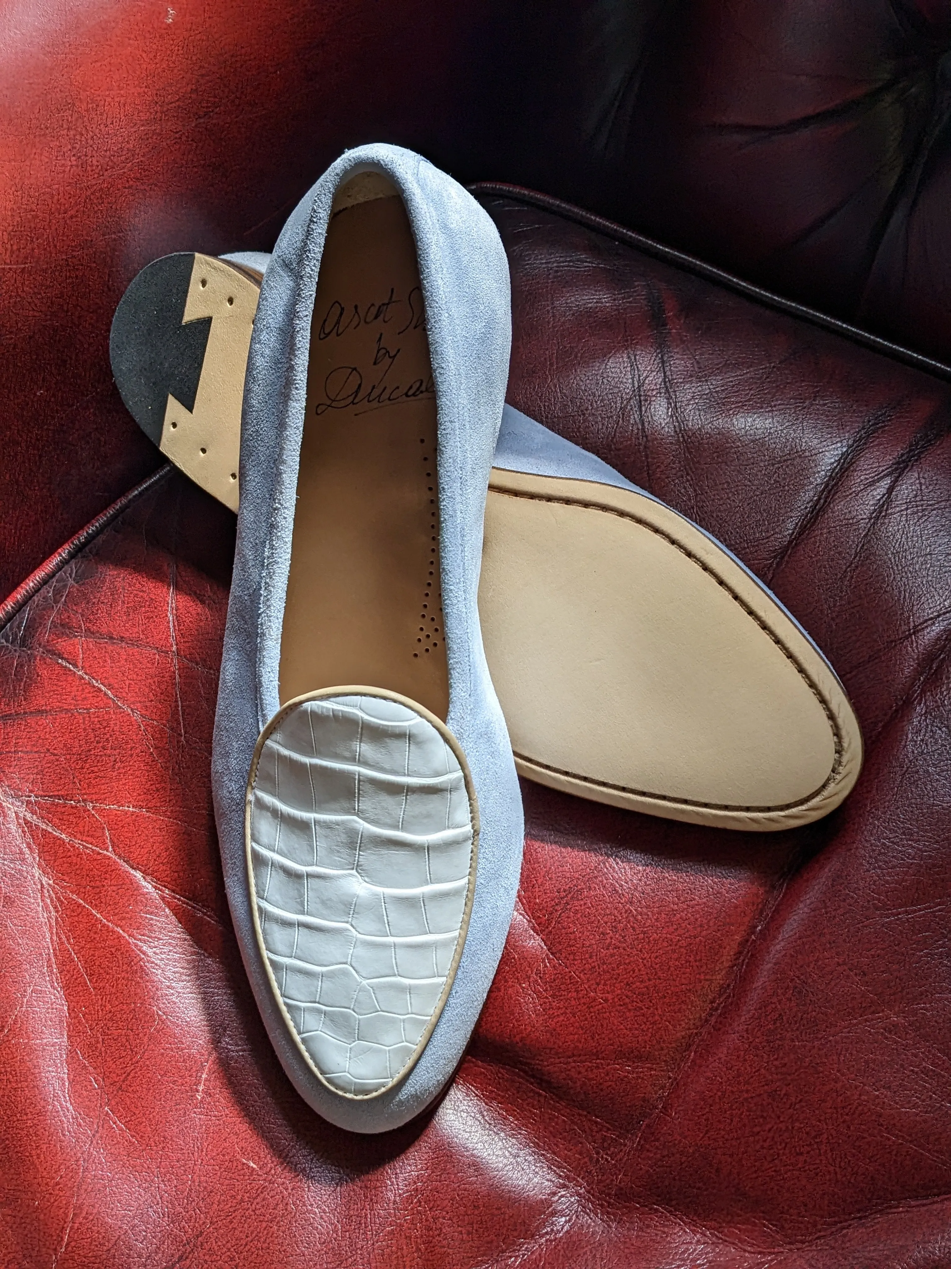 Belgian Loafer - Light Blue Suede & White Crocodile