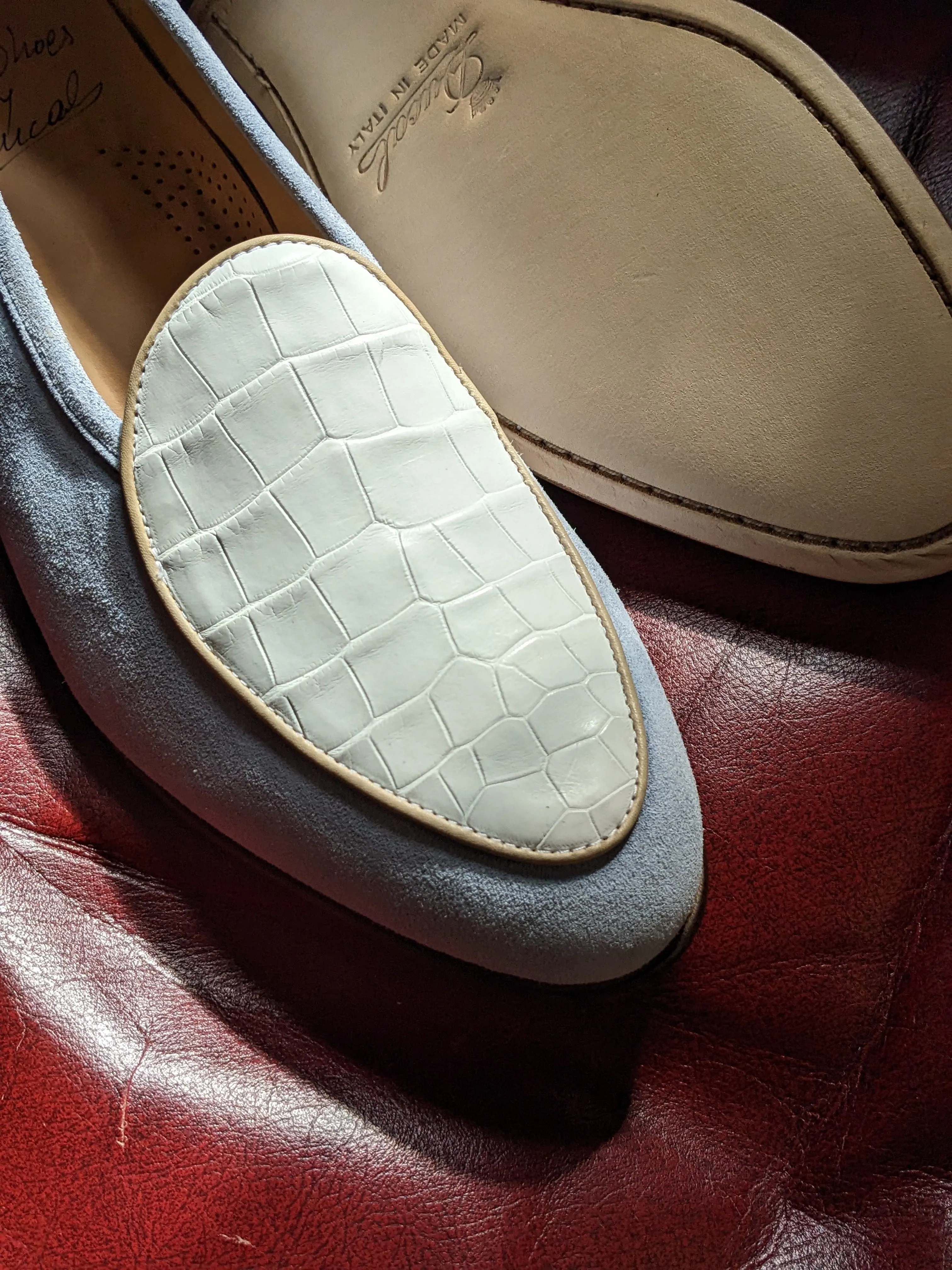 Belgian Loafer - Light Blue Suede & White Crocodile