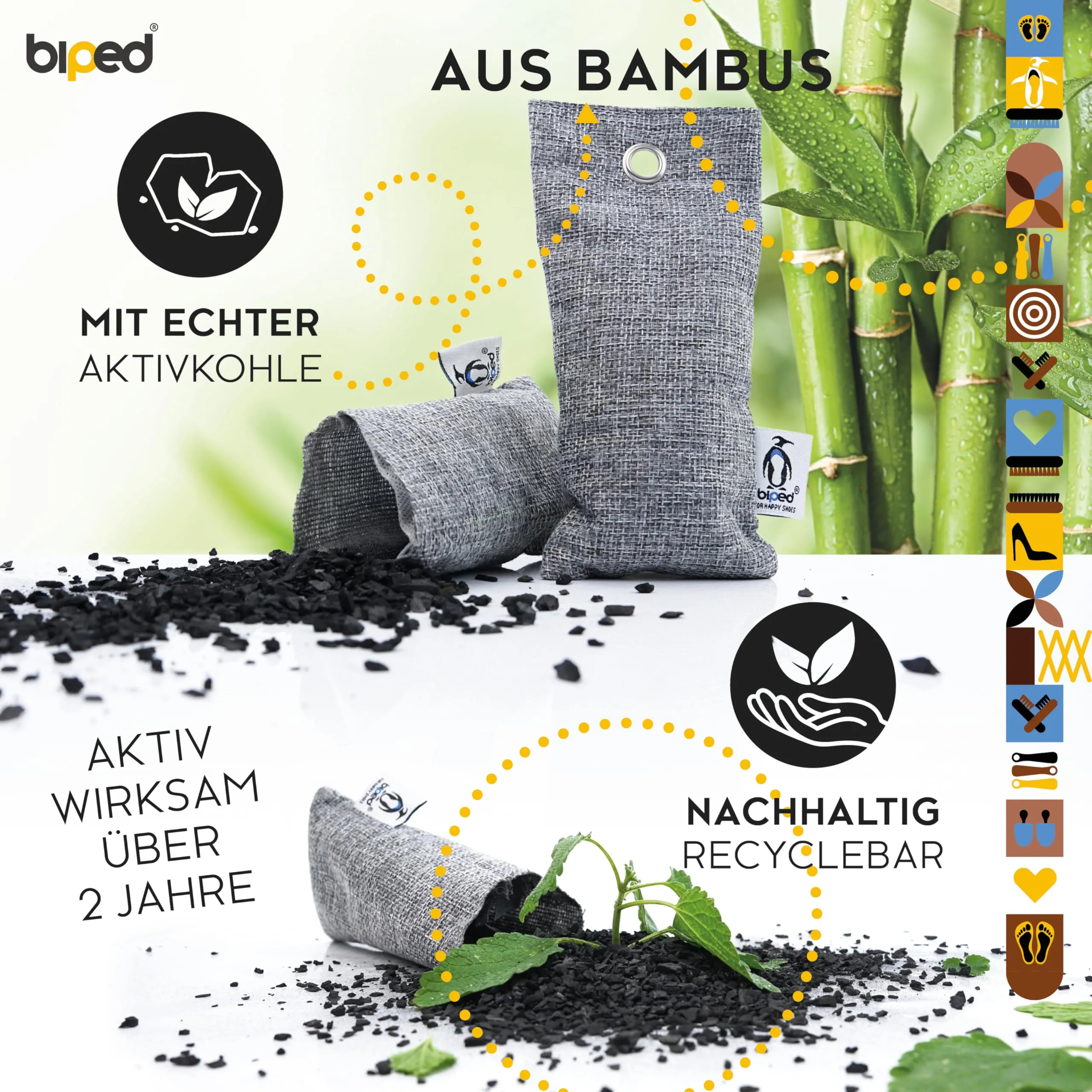 biped FRESH! Shoe deodorant against odor and sweat - shoe cushion with bamboo activated carbon and citrus scent - odor remover for all shoes and sports bags z2812 (6 pieces) 1 piece (pack of 6)