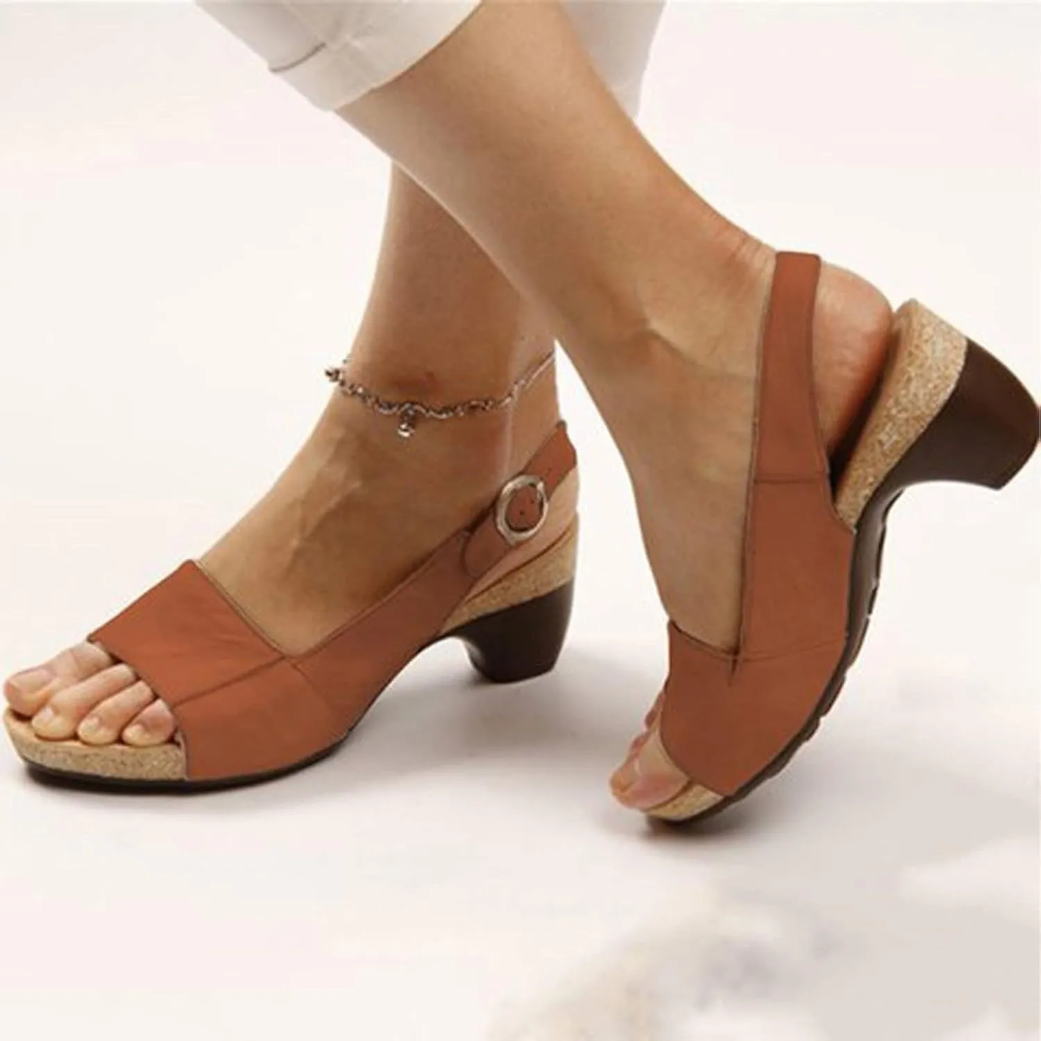 Charkshoes-Elegant Low Chunky Heel Comfy Sandals, Womens Open Toe Steady Chunky Cork Orthotic Sandals, Slingback Adjustable Strap Buckle