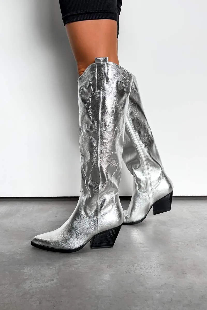 DETROIT Knee High Western Cowboy Boots - Silver