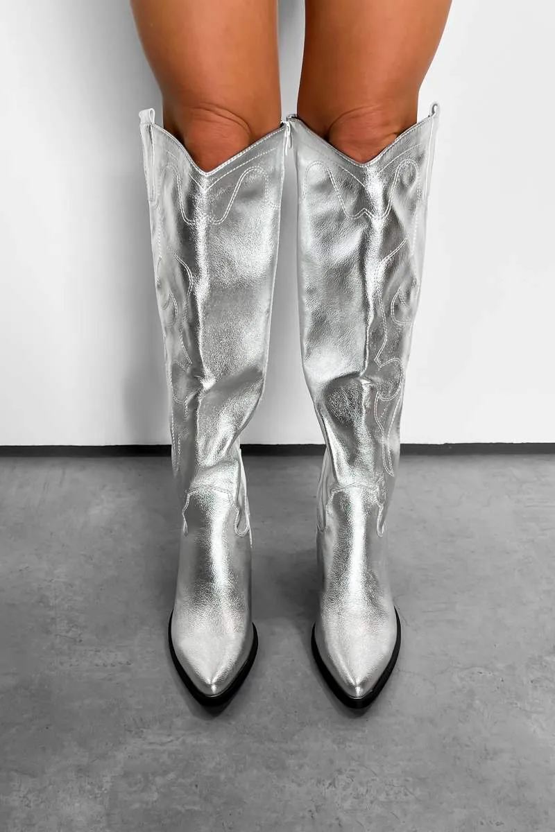 DETROIT Knee High Western Cowboy Boots - Silver