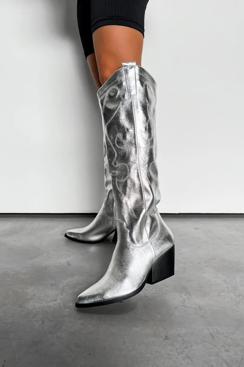 DETROIT Knee High Western Cowboy Boots - Silver