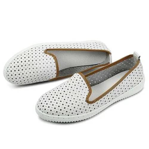 Hollow Out Soft Leather Flat Loafers Breathable  Driving Slip-ons