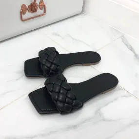 Kirby - Black Plaited Detail Square Toe Slip On Flat Sandals