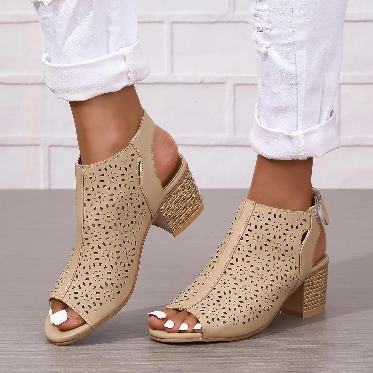 Ladies Cut Out Peep Toe Sandals Slingback Chunky Stacked Heel Ankle Booties Shoes Ankle Strap Low Heel Dress Pumps Sandals