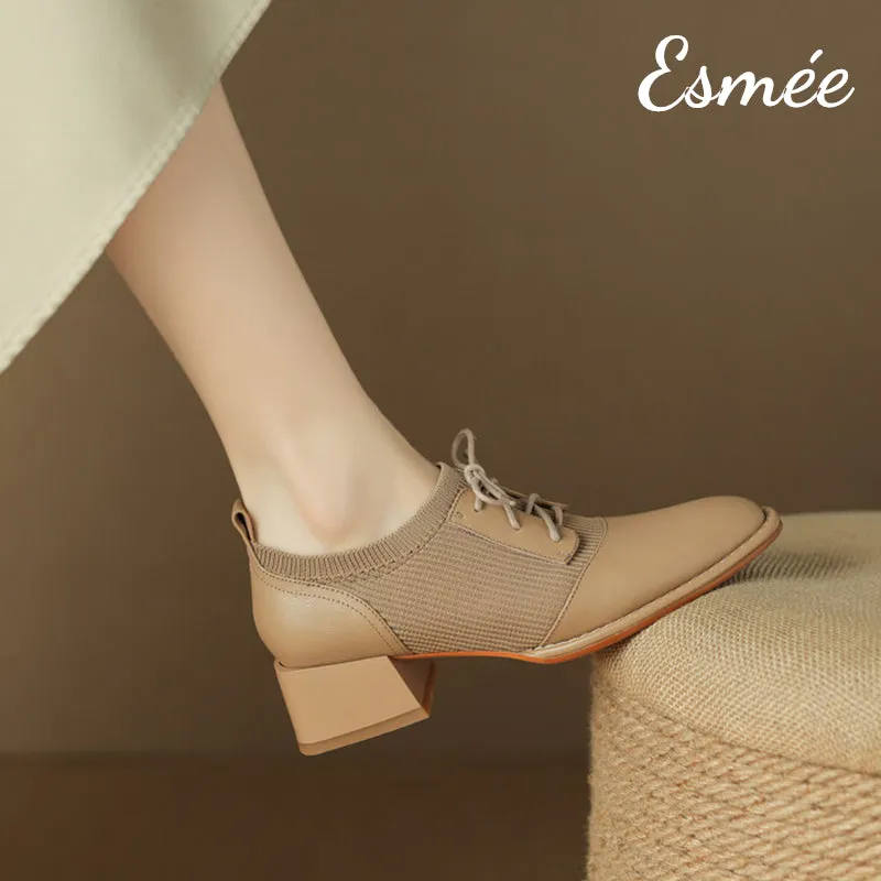 Leather High Heel Oxford Shoes with Fabrics Design