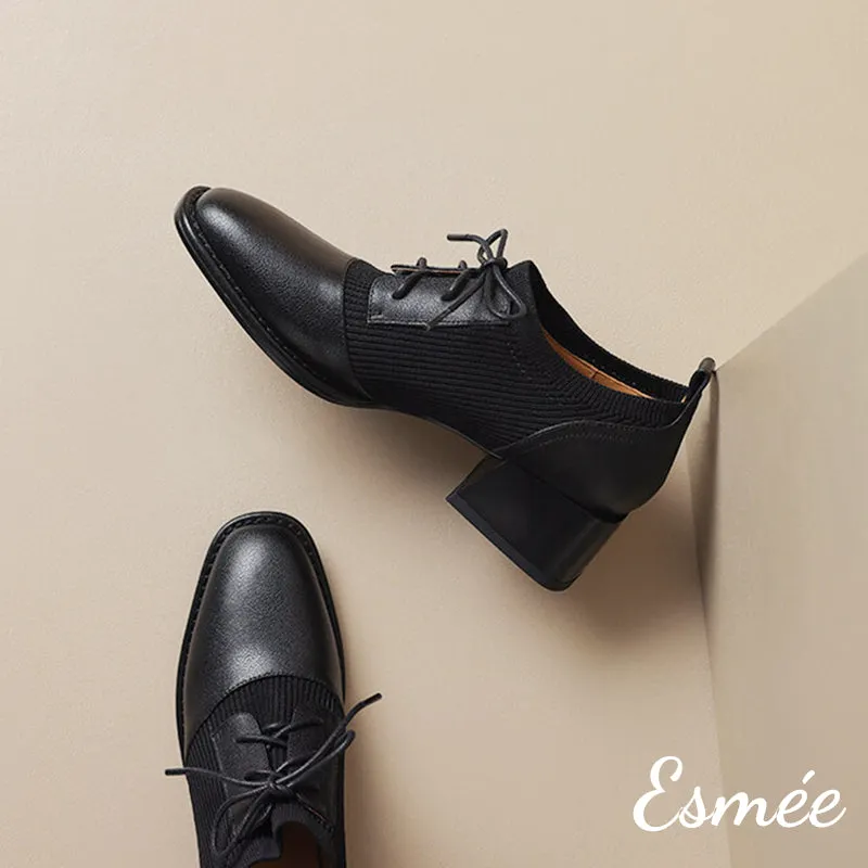 Leather High Heel Oxford Shoes with Fabrics Design
