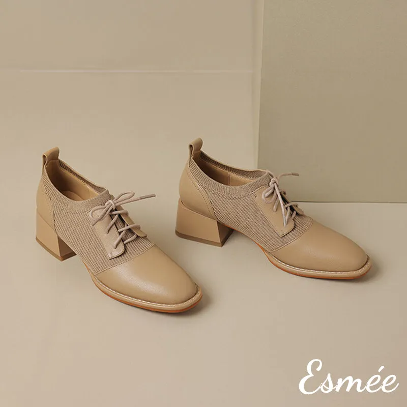 Leather High Heel Oxford Shoes with Fabrics Design