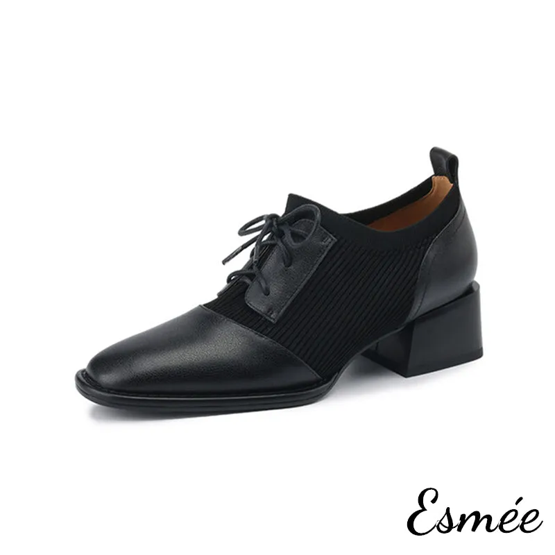 Leather High Heel Oxford Shoes with Fabrics Design