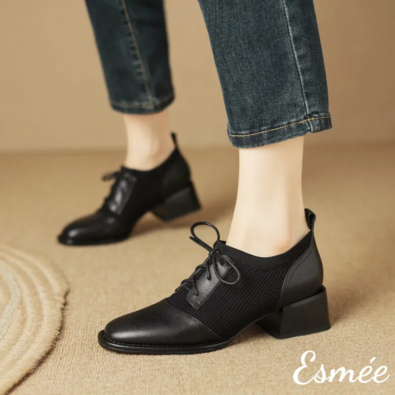 Leather High Heel Oxford Shoes with Fabrics Design