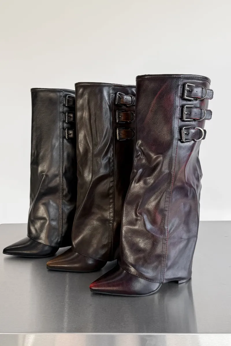 LENA Knee High Buckle Boots - Brown