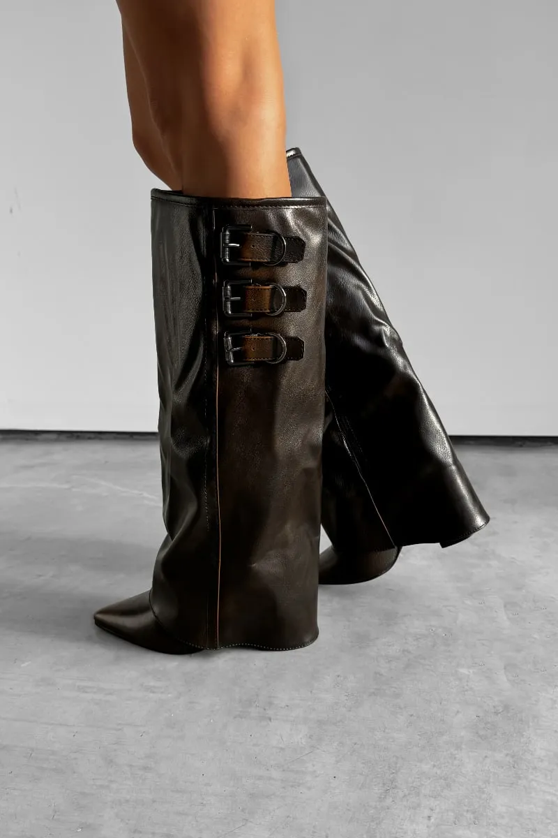 LENA Knee High Buckle Boots - Brown