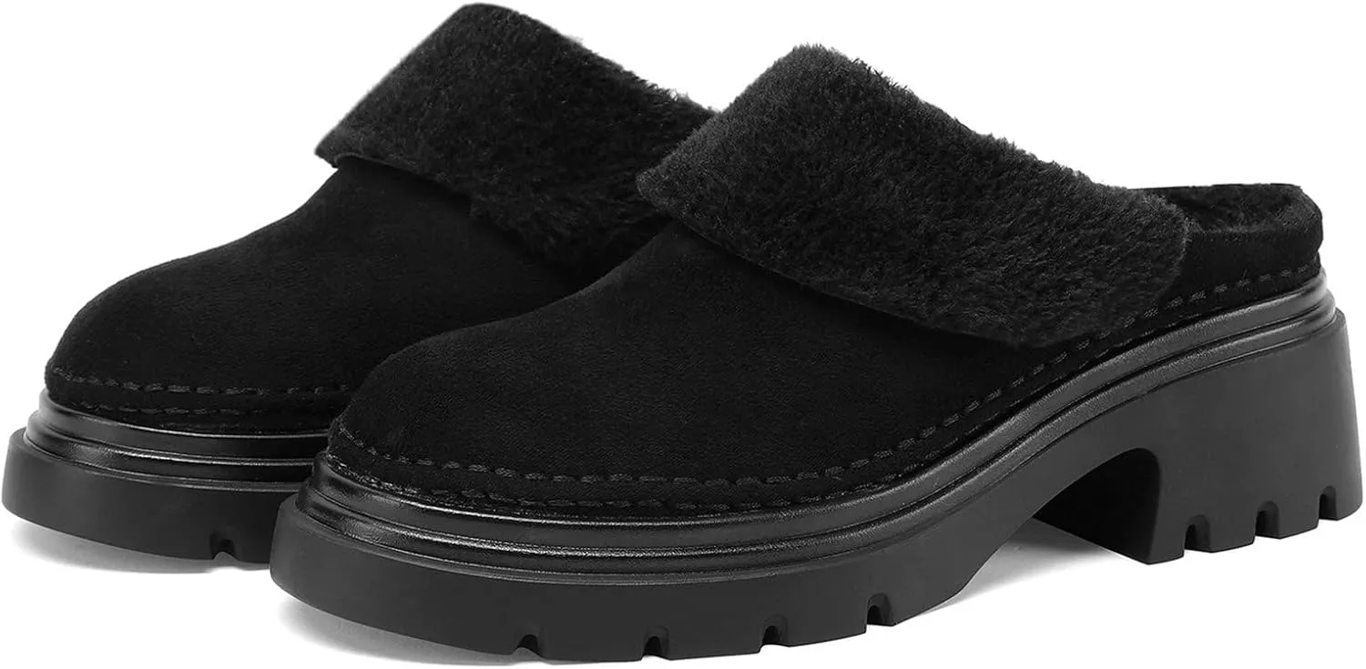 LUXMAX Women Faux Fur Mules Platform Chunky Heel Slippers Slip On Block Heel Backless Loafers