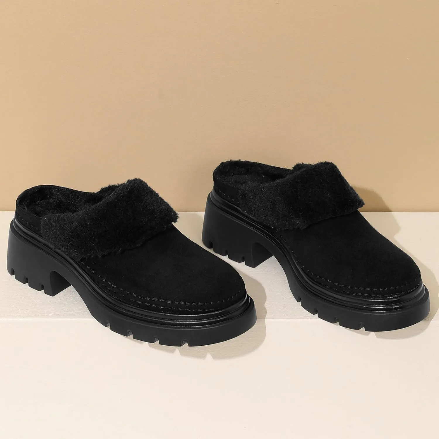 LUXMAX Women Faux Fur Mules Platform Chunky Heel Slippers Slip On Block Heel Backless Loafers