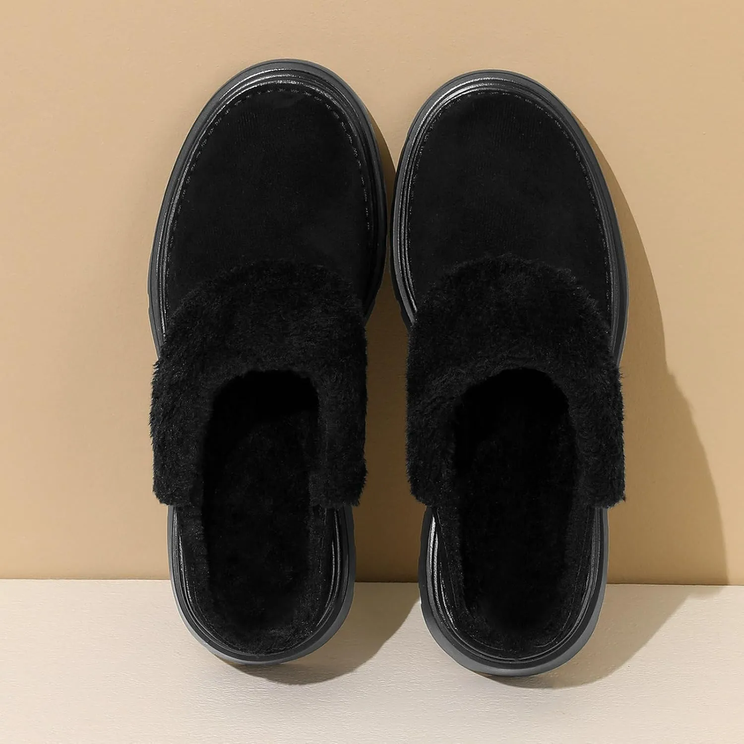 LUXMAX Women Faux Fur Mules Platform Chunky Heel Slippers Slip On Block Heel Backless Loafers