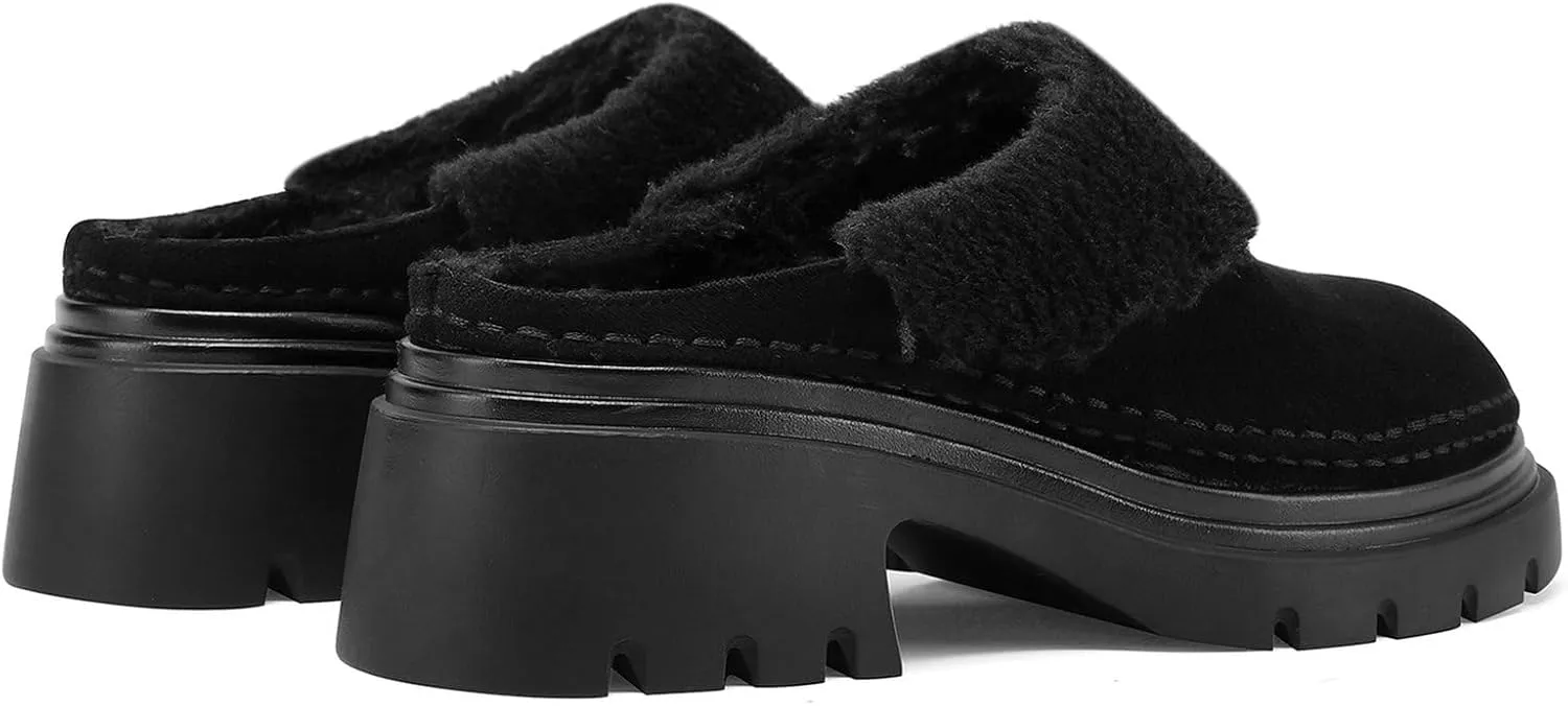 LUXMAX Women Faux Fur Mules Platform Chunky Heel Slippers Slip On Block Heel Backless Loafers