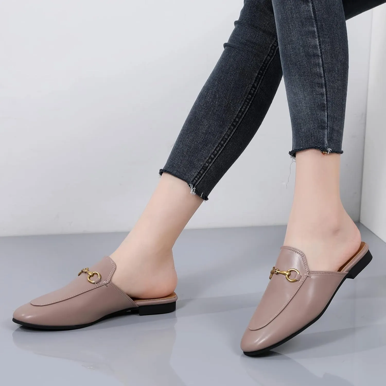Minorsu Buckle Mules for Women Flats Round Toe Mule Backless Slides Slip On Loafer Shoes
