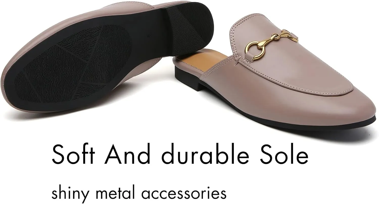 Minorsu Buckle Mules for Women Flats Round Toe Mule Backless Slides Slip On Loafer Shoes