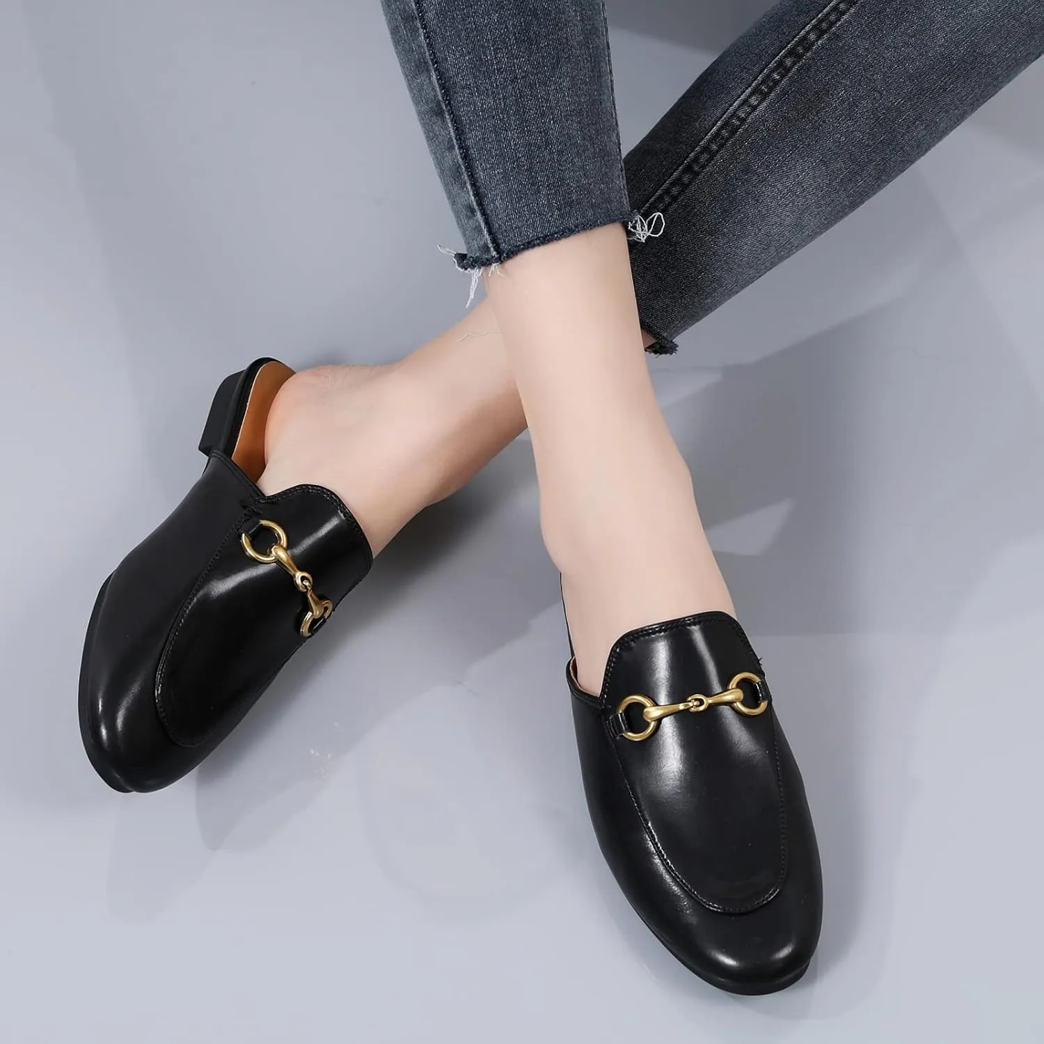Minorsu Buckle Mules for Women Flats Round Toe Mule Backless Slides Slip On Loafer Shoes