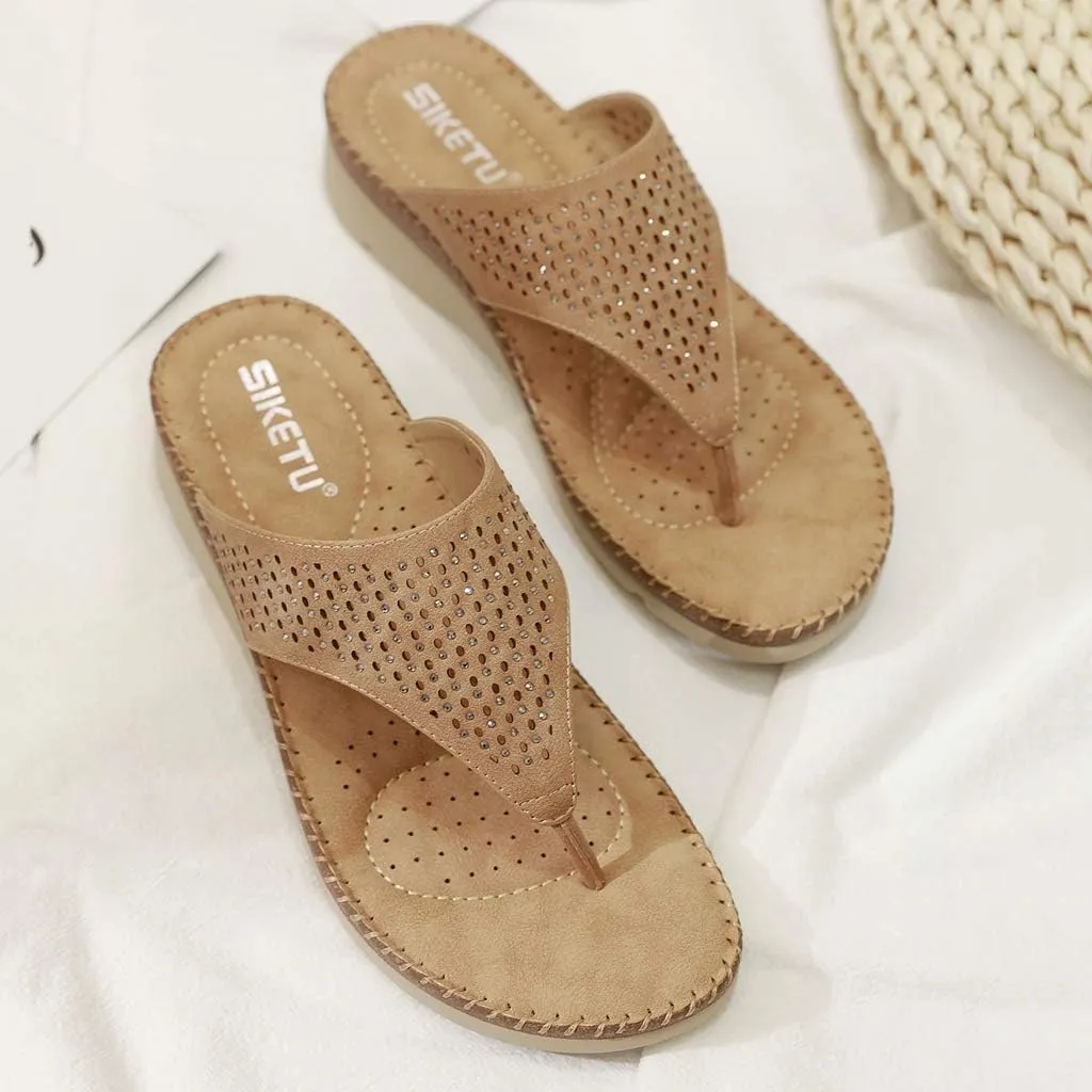 MIOKE Women's Bohemia Low Wedge Flipflops Sandals Glitter Rhinestone Slip On Platform Summer Beach Thong