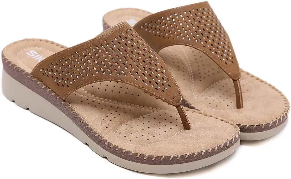 MIOKE Women's Bohemia Low Wedge Flipflops Sandals Glitter Rhinestone Slip On Platform Summer Beach Thong