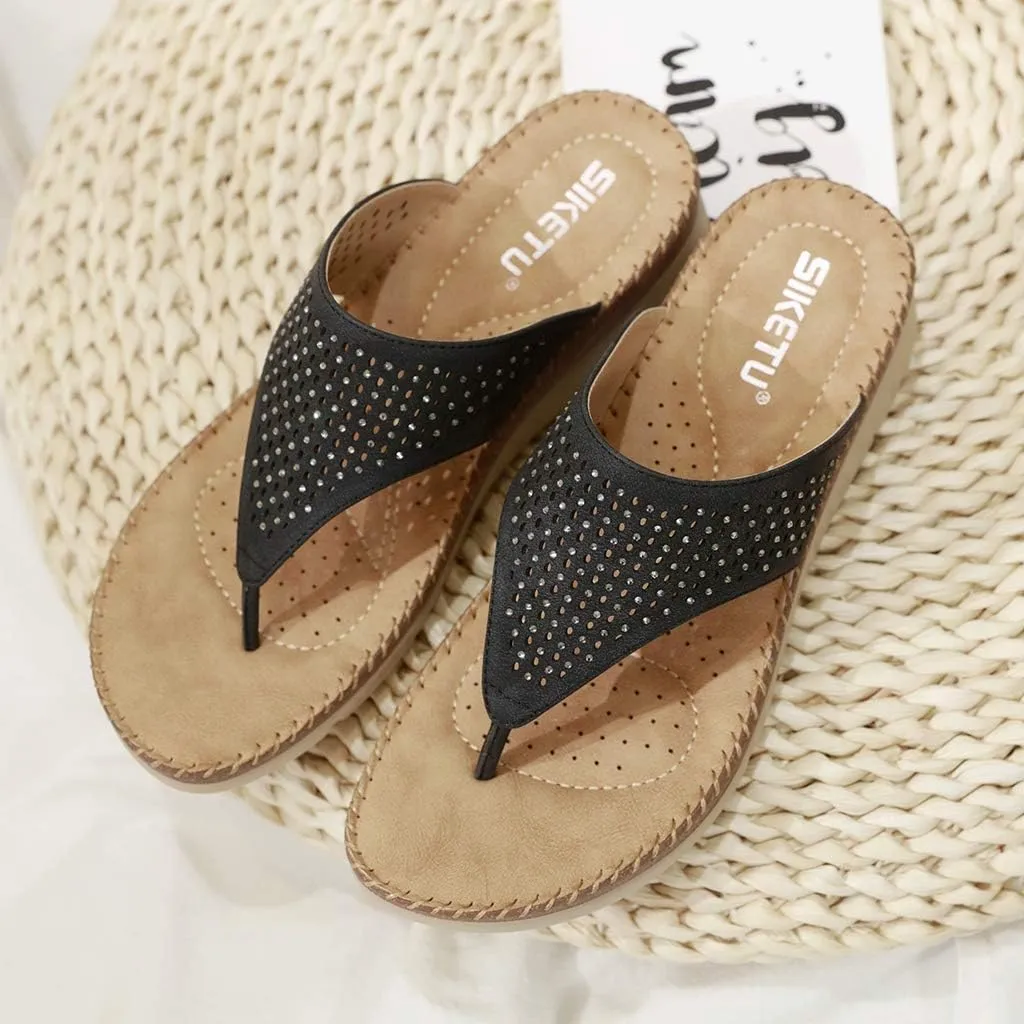 MIOKE Women's Bohemia Low Wedge Flipflops Sandals Glitter Rhinestone Slip On Platform Summer Beach Thong