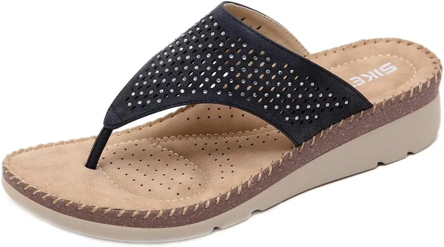 MIOKE Women's Bohemia Low Wedge Flipflops Sandals Glitter Rhinestone Slip On Platform Summer Beach Thong