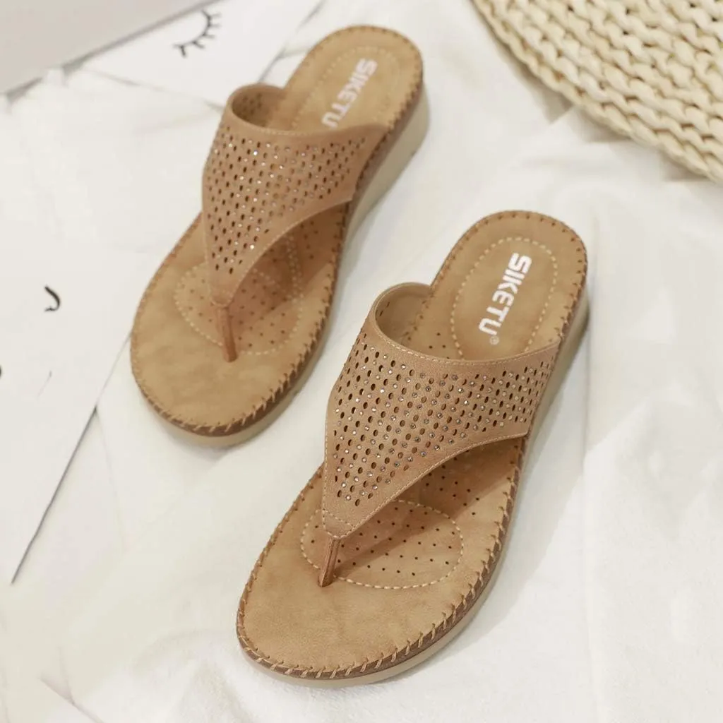 MIOKE Women's Bohemia Low Wedge Flipflops Sandals Glitter Rhinestone Slip On Platform Summer Beach Thong