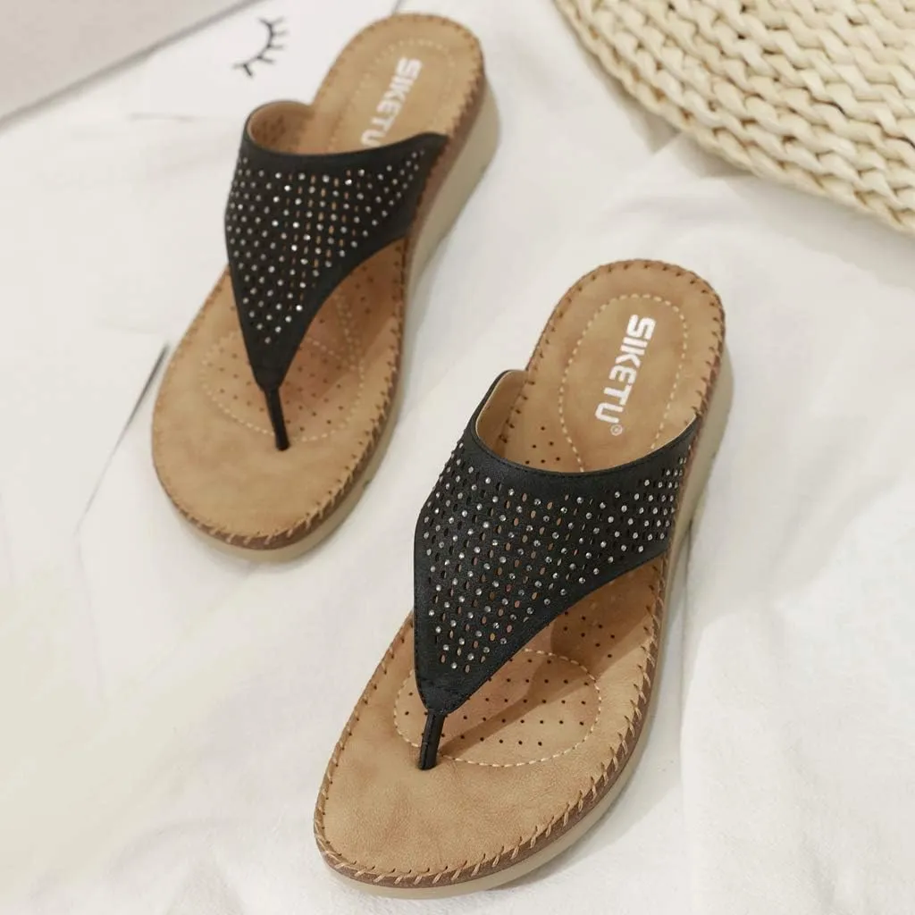 MIOKE Women's Bohemia Low Wedge Flipflops Sandals Glitter Rhinestone Slip On Platform Summer Beach Thong