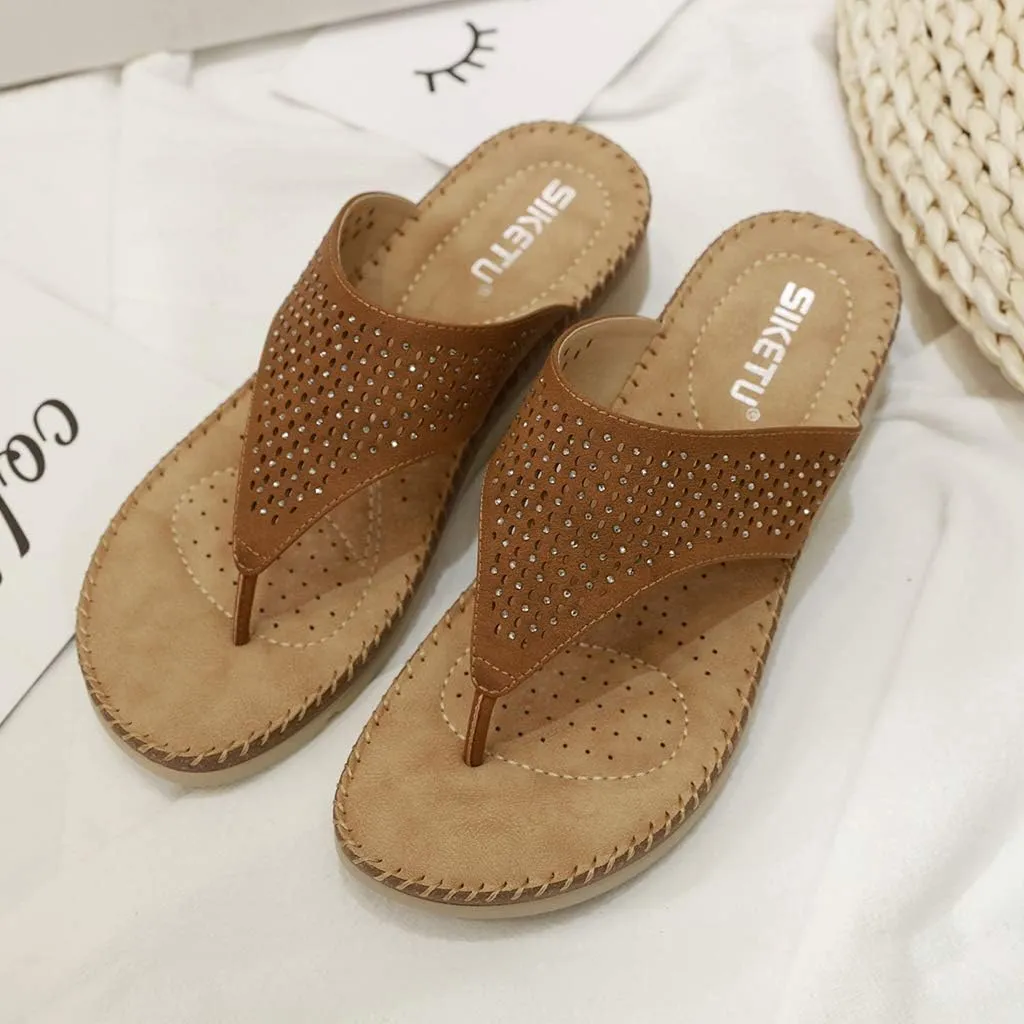 MIOKE Women's Bohemia Low Wedge Flipflops Sandals Glitter Rhinestone Slip On Platform Summer Beach Thong