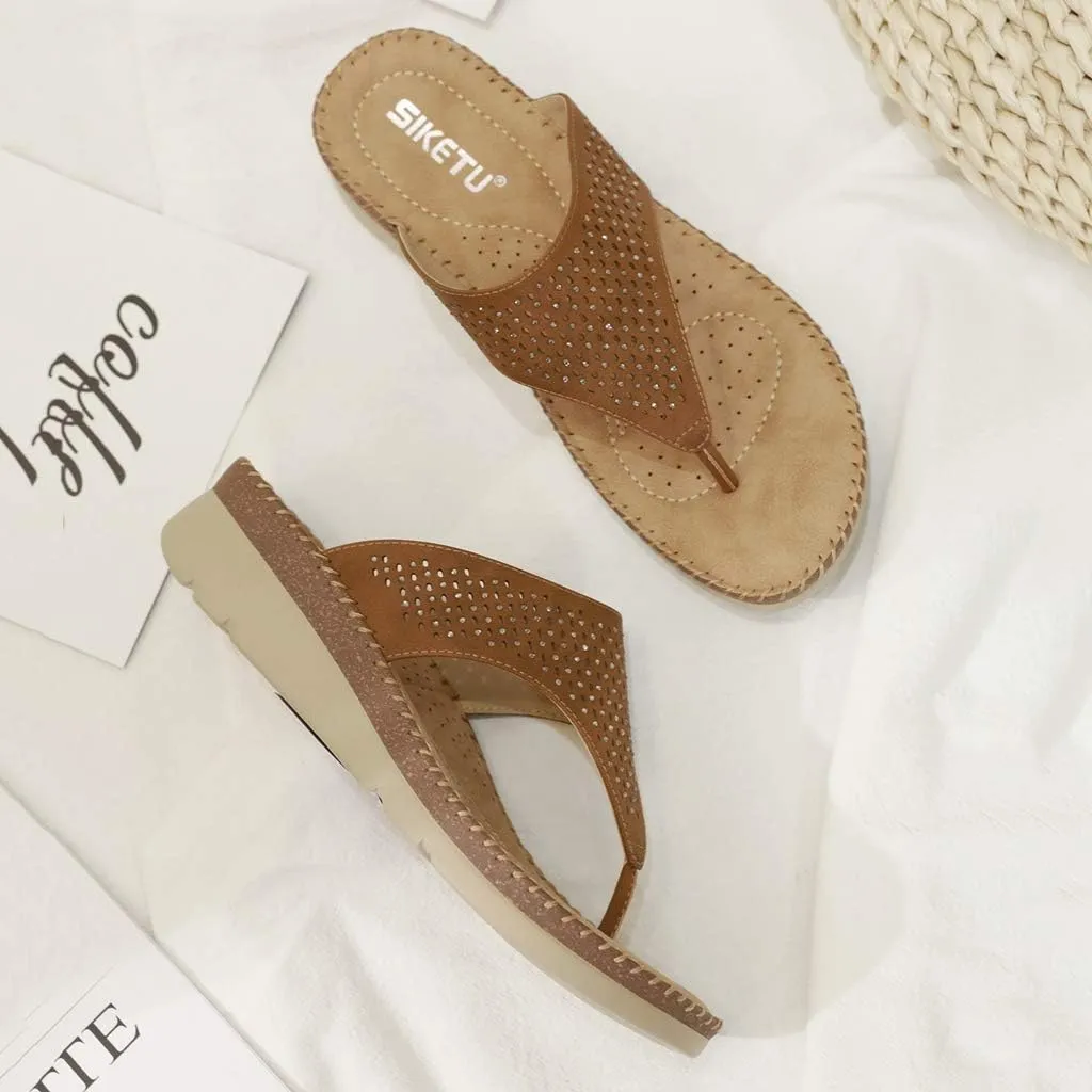 MIOKE Women's Bohemia Low Wedge Flipflops Sandals Glitter Rhinestone Slip On Platform Summer Beach Thong