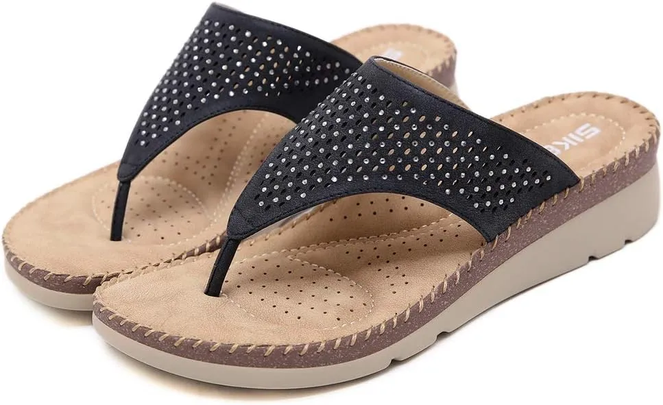 MIOKE Women's Bohemia Low Wedge Flipflops Sandals Glitter Rhinestone Slip On Platform Summer Beach Thong