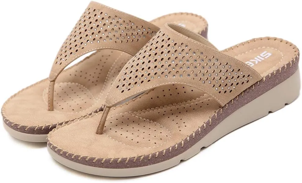 MIOKE Women's Bohemia Low Wedge Flipflops Sandals Glitter Rhinestone Slip On Platform Summer Beach Thong