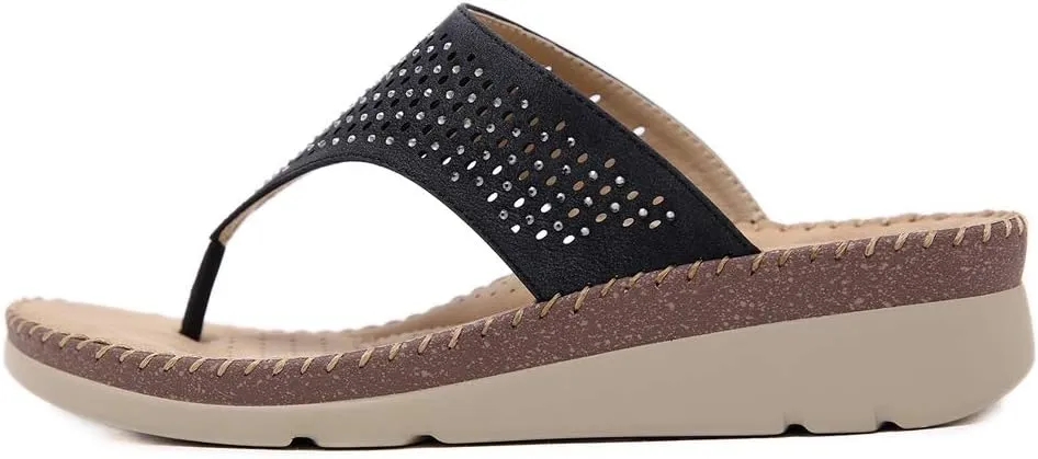 MIOKE Women's Bohemia Low Wedge Flipflops Sandals Glitter Rhinestone Slip On Platform Summer Beach Thong