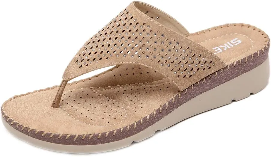 MIOKE Women's Bohemia Low Wedge Flipflops Sandals Glitter Rhinestone Slip On Platform Summer Beach Thong