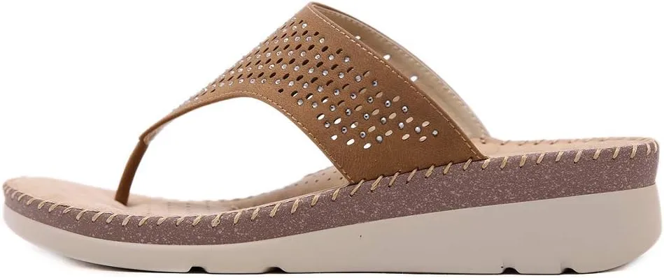 MIOKE Women's Bohemia Low Wedge Flipflops Sandals Glitter Rhinestone Slip On Platform Summer Beach Thong