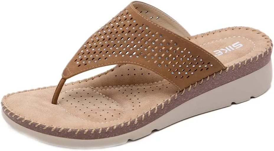 MIOKE Women's Bohemia Low Wedge Flipflops Sandals Glitter Rhinestone Slip On Platform Summer Beach Thong