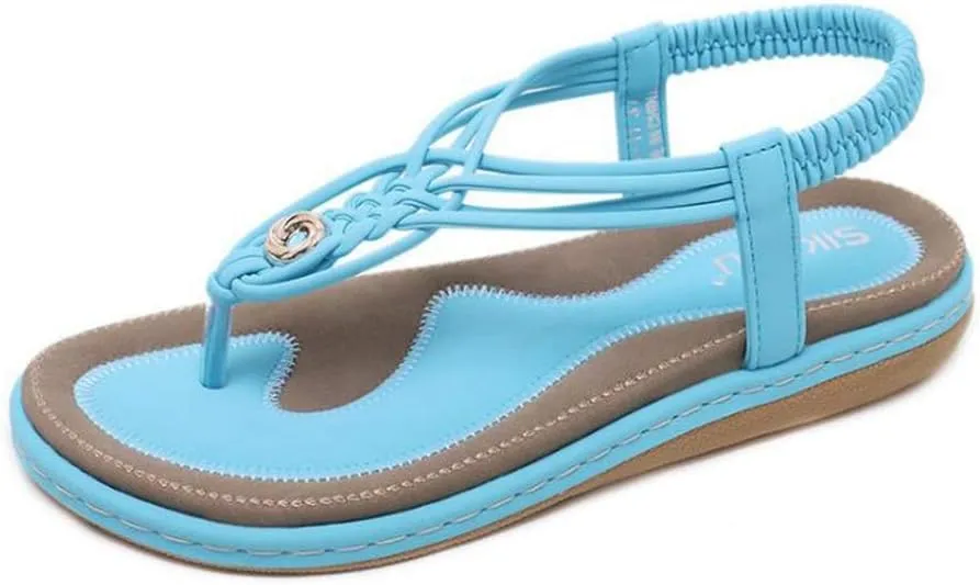 MIOKE Women's Bohemia Summer Beach Flat Sandals Braided T-strap Elastic Slingback Flip Flops Thong Shoes