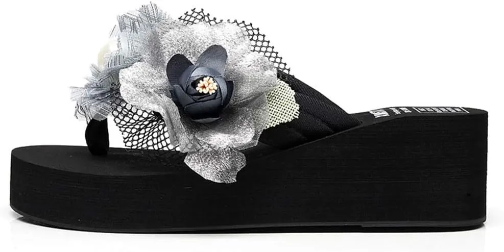 MIOKE Women's Chic Flower Wedge Flipflops Summer Bohemian High Heel Platform Nonslip Beach Thong Sandals