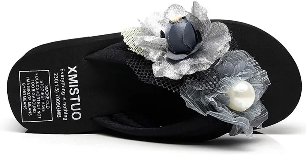 MIOKE Women's Chic Flower Wedge Flipflops Summer Bohemian High Heel Platform Nonslip Beach Thong Sandals