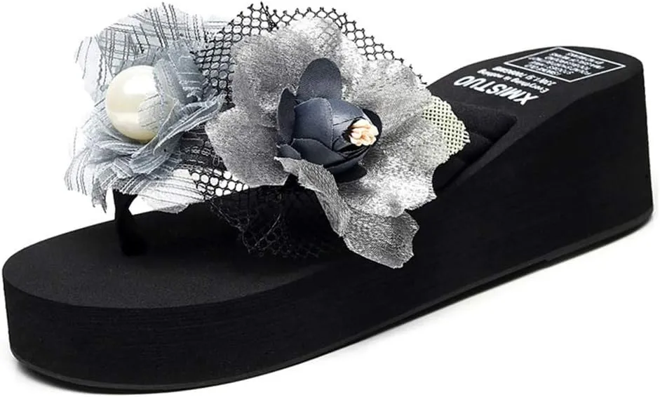 MIOKE Women's Chic Flower Wedge Flipflops Summer Bohemian High Heel Platform Nonslip Beach Thong Sandals