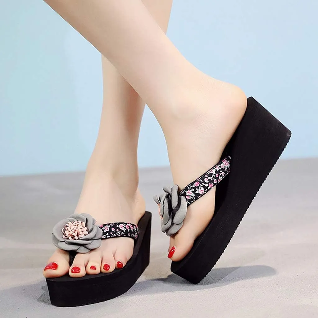 MIOKE Women's Wedge High Heel Flipflops Sandals Flower Platform Nonslip Comfort Summer Beach Thong Sandal