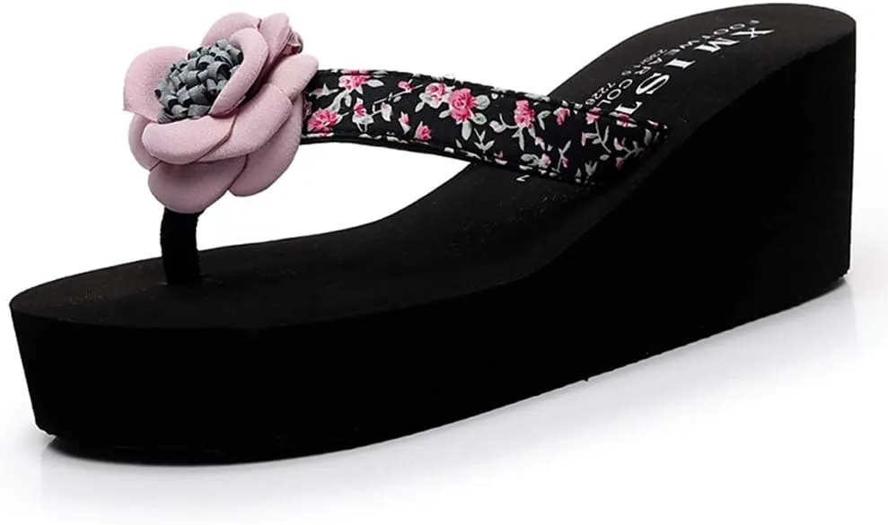MIOKE Women's Wedge High Heel Flipflops Sandals Flower Platform Nonslip Comfort Summer Beach Thong Sandal